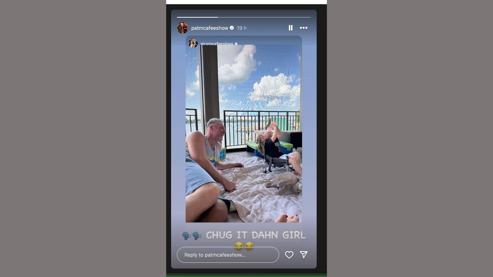 Pat McAfee's IG story as daughter Mackenzie ‘chugs’ on balcony
